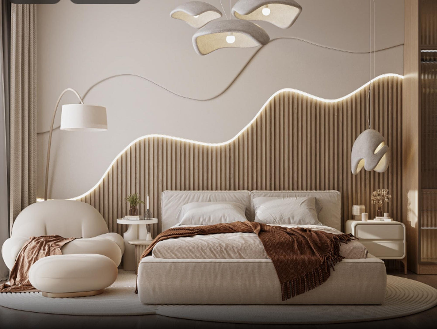 Curved Wood Fluted Ribbed Wall Panels With Upper Curved Design Panels & Bed Frames - Any Size! Custom - DWU55